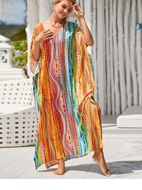 "Mrs Roper" Kaftan. Vibrant Multicolor Women’s Beach Cover-Up Kaftan - Plus Size